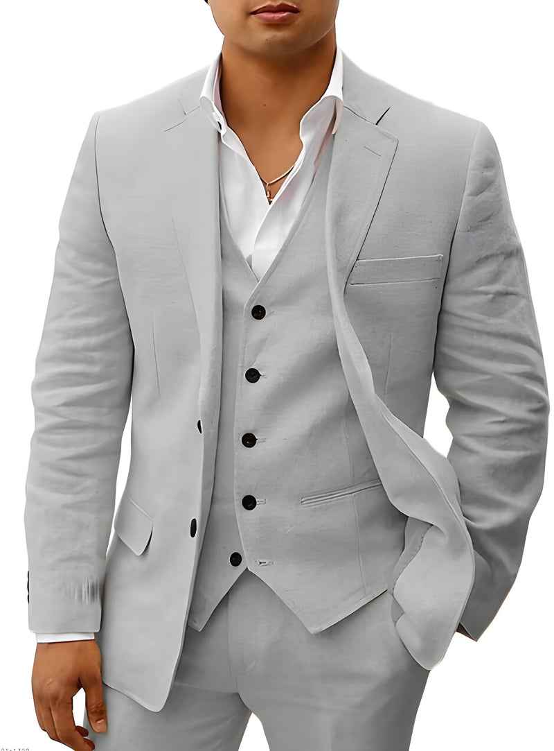Notch Lapel Single Button Three Piece Linen Suit