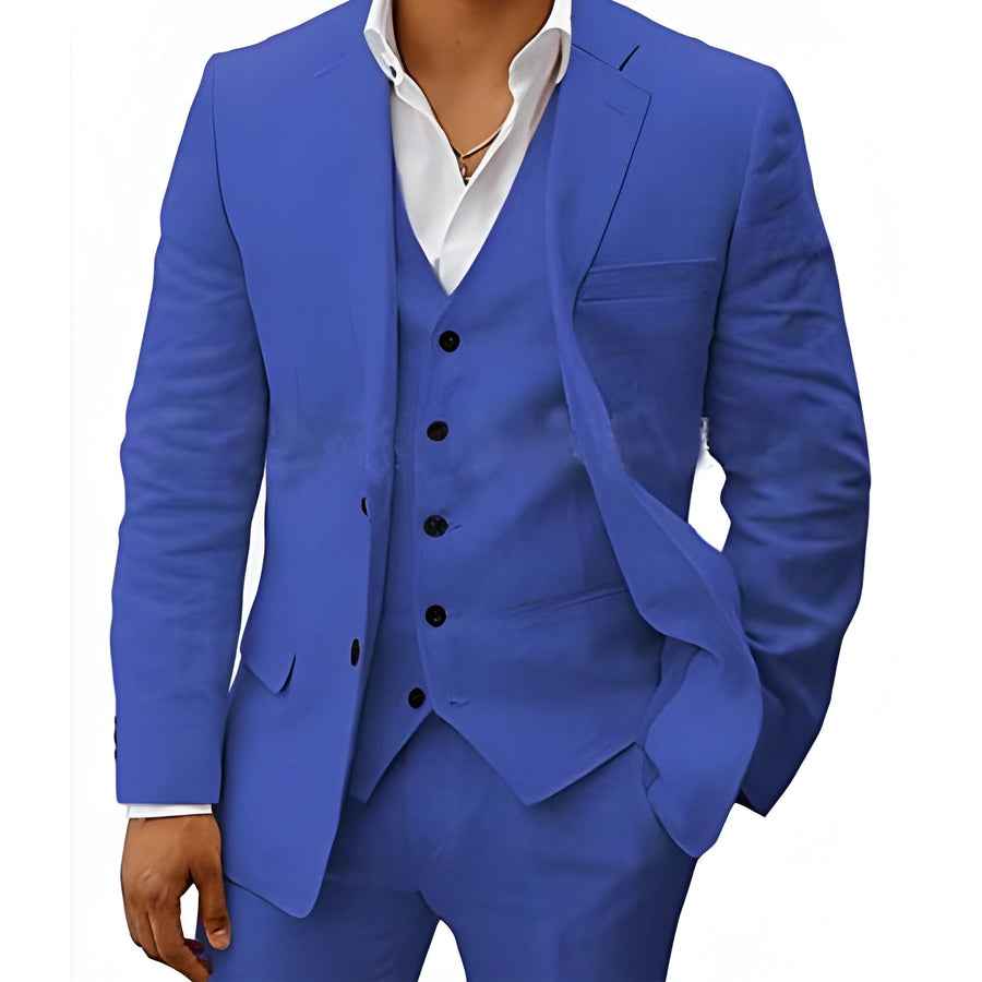 Notch Lapel Single Button Three Piece Linen Suit
