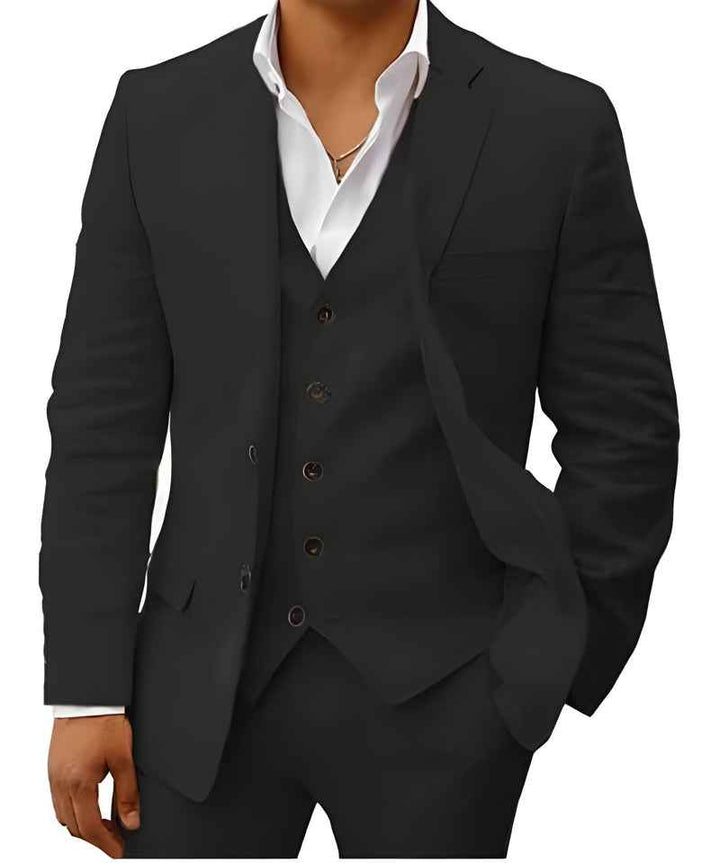 Notch Lapel Single Button Three Piece Linen Suit