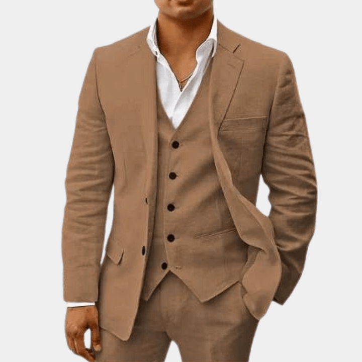 Notch Lapel Single Button Three Piece Linen Suit