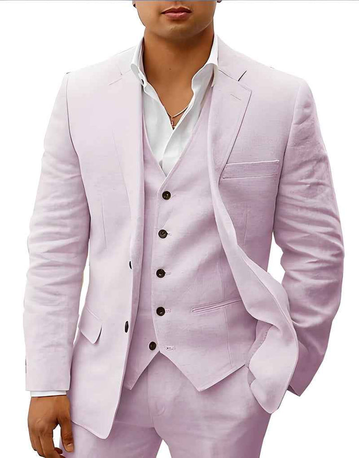 Notch Lapel Single Button Three Piece Linen Suit