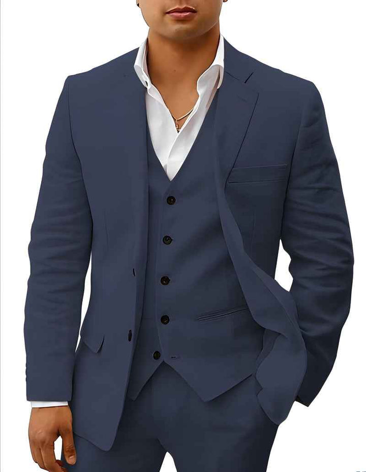 Notch Lapel Single Button Three Piece Linen Suit