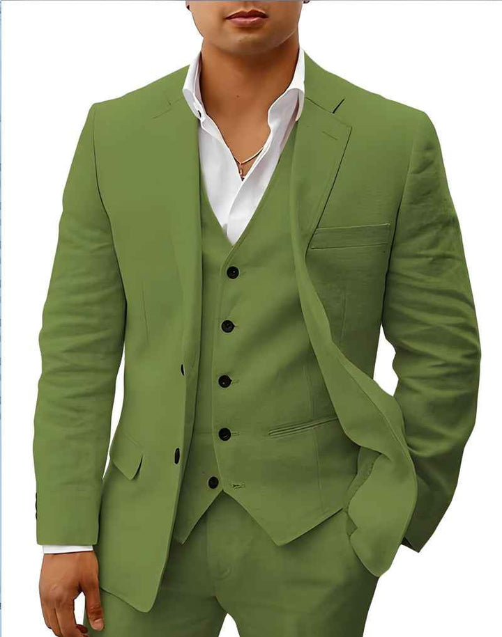 Notch Lapel Single Button Three Piece Linen Suit