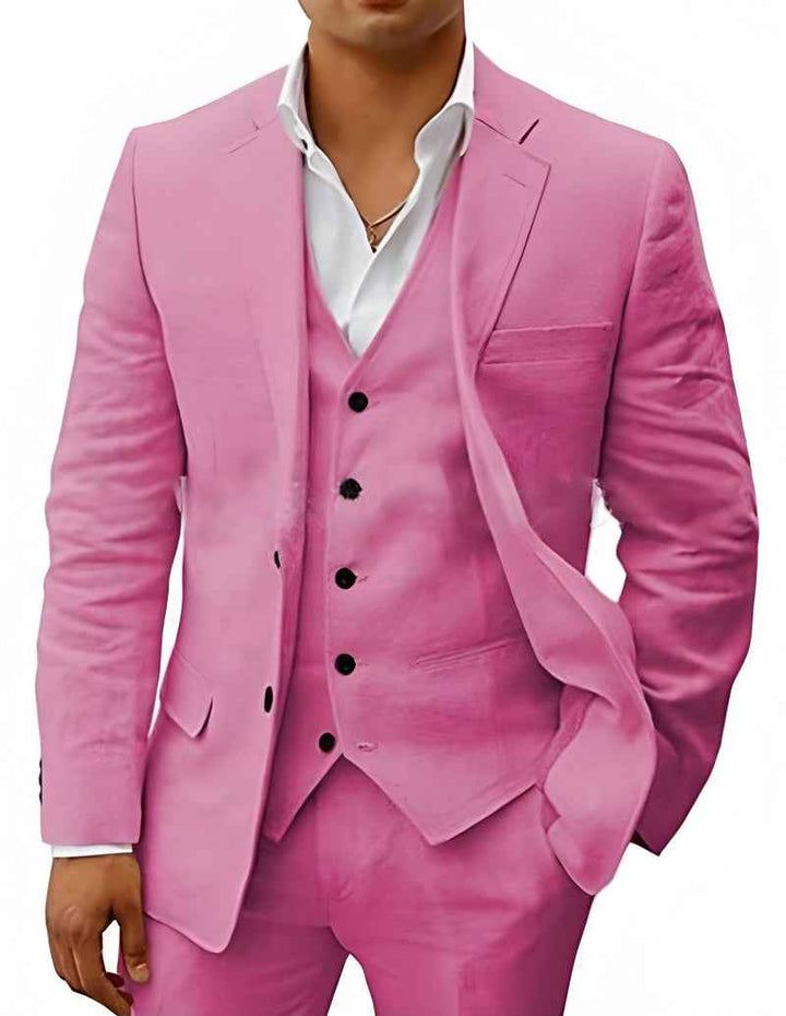 Notch Lapel Single Button Three Piece Linen Suit