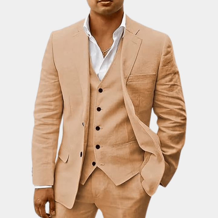 Notch Lapel Single Button Three Piece Linen Suit