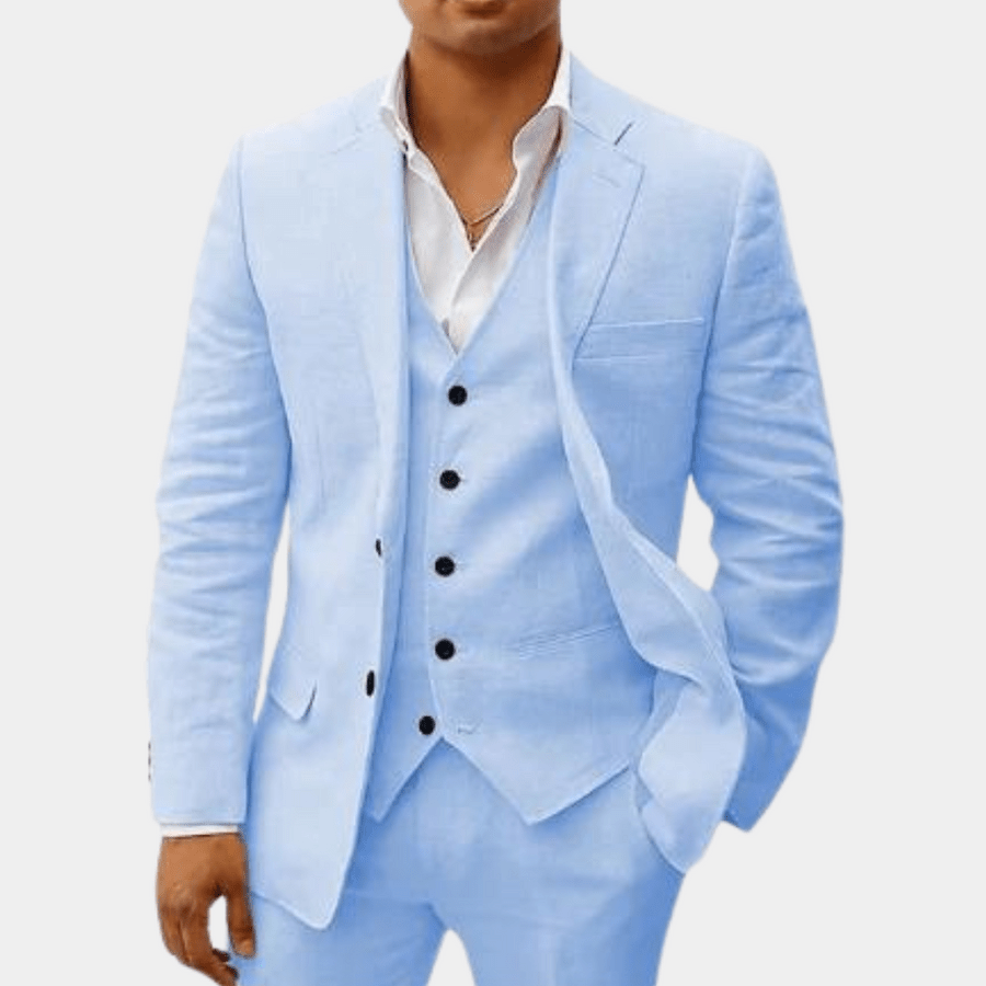Notch Lapel Single Button Three Piece Linen Suit