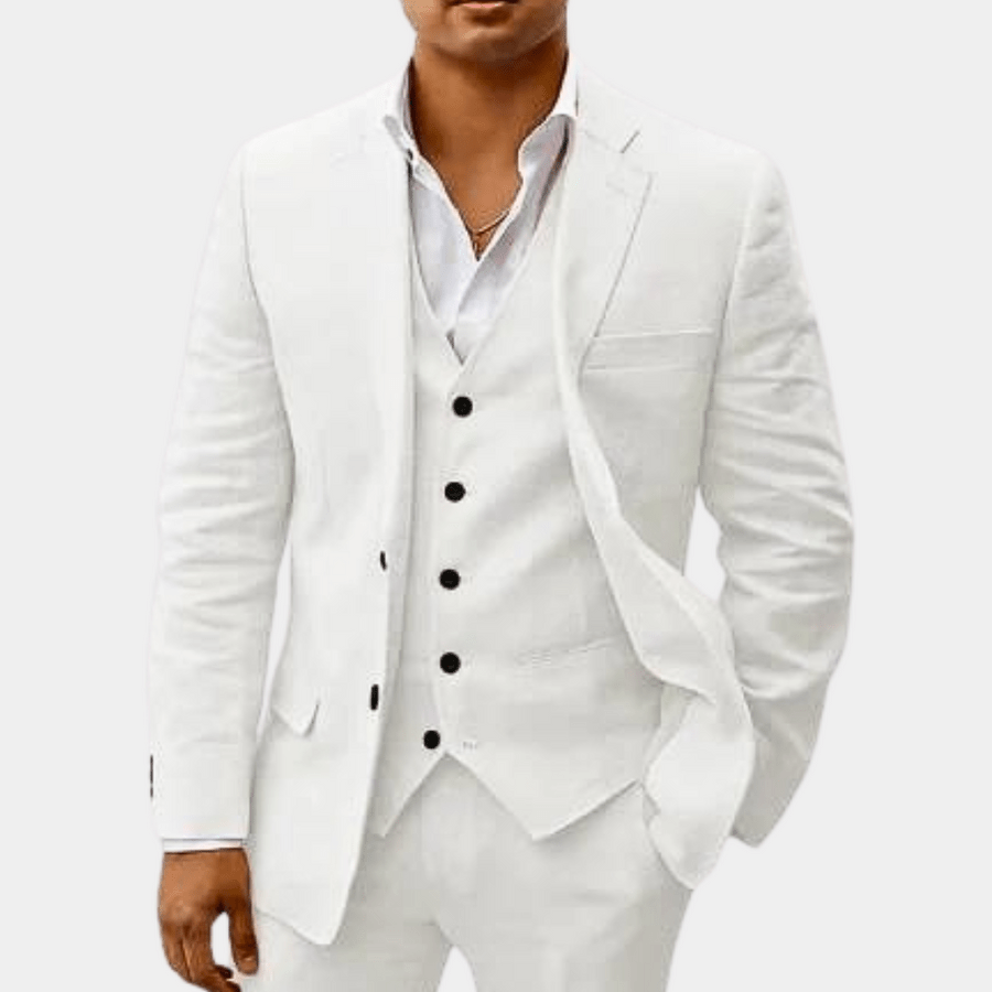 Notch Lapel Single Button Three Piece Linen Suit