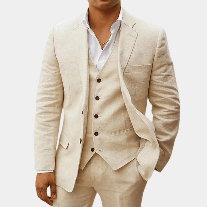 Notch Lapel Single Button Three Piece Linen Suit
