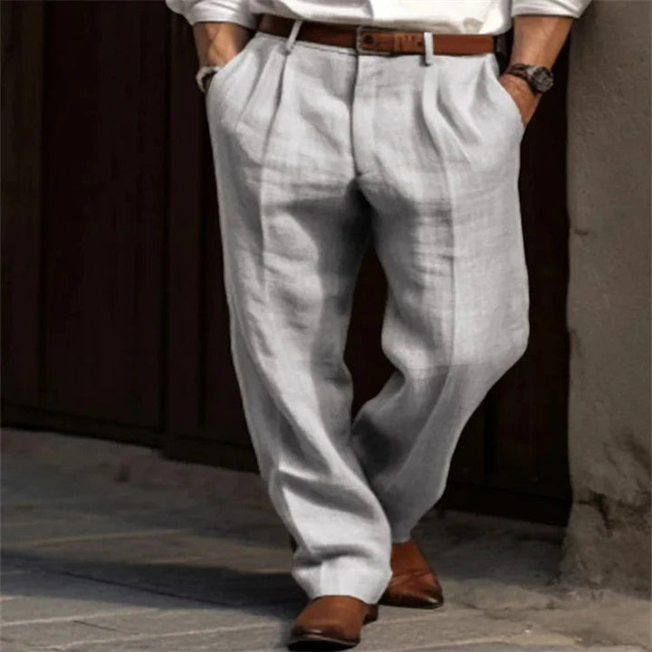 Pleated Front Relaxed Straight Leg Casual Linen Pant
