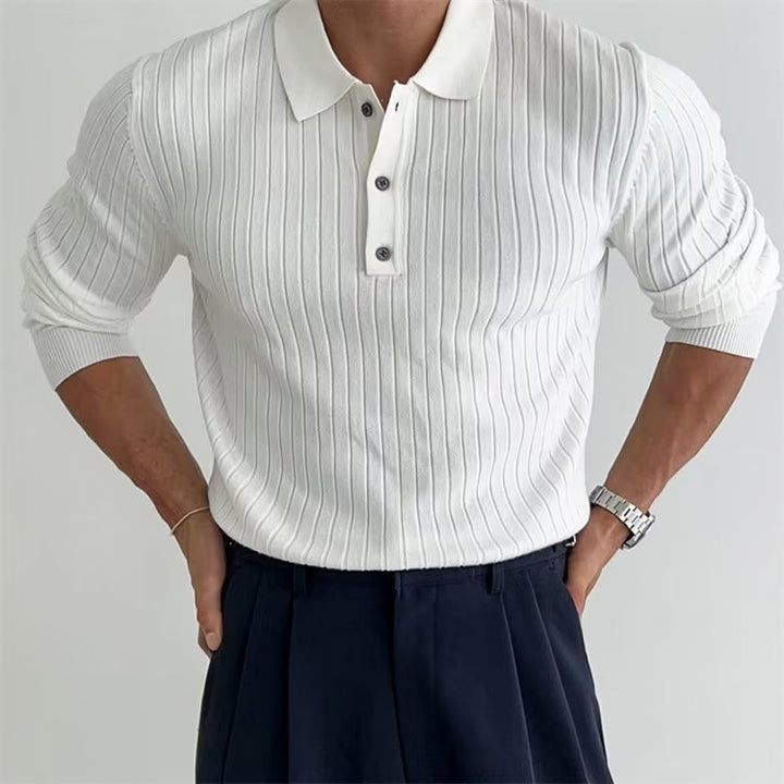 Textured Knit Long Sleeve Slim Fit Mens Polo Shirt