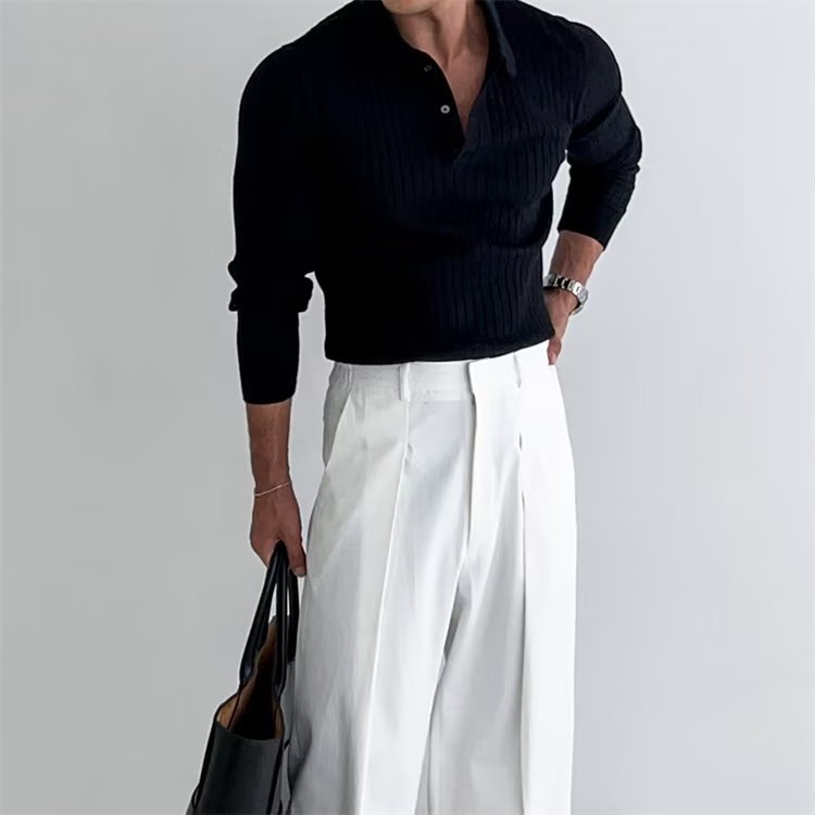 Textured Knit Long Sleeve Slim Fit Mens Polo Shirt