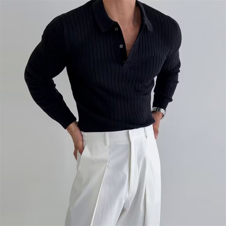 Textured Knit Long Sleeve Slim Fit Mens Polo Shirt