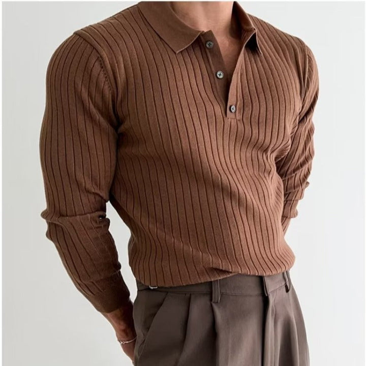 Textured Knit Long Sleeve Slim Fit Mens Polo Shirt
