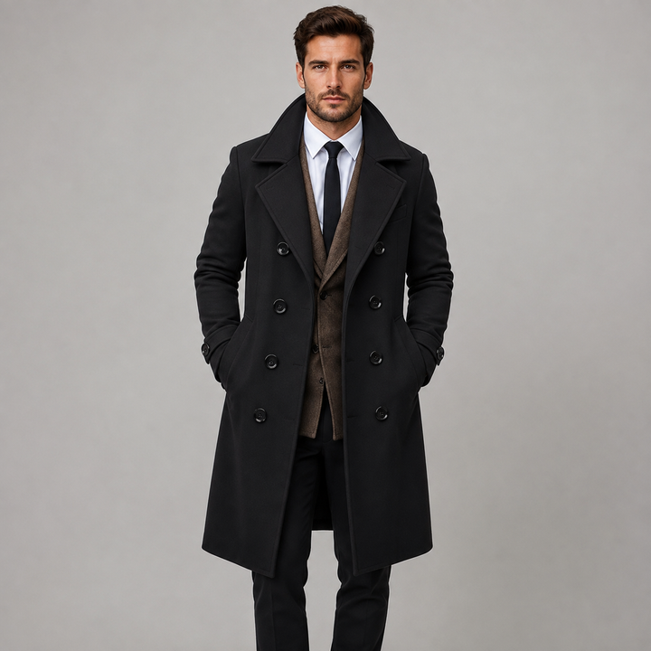 Alaric | Men's Tailored Double Breasted Long Coat with Wide Notch Lapel