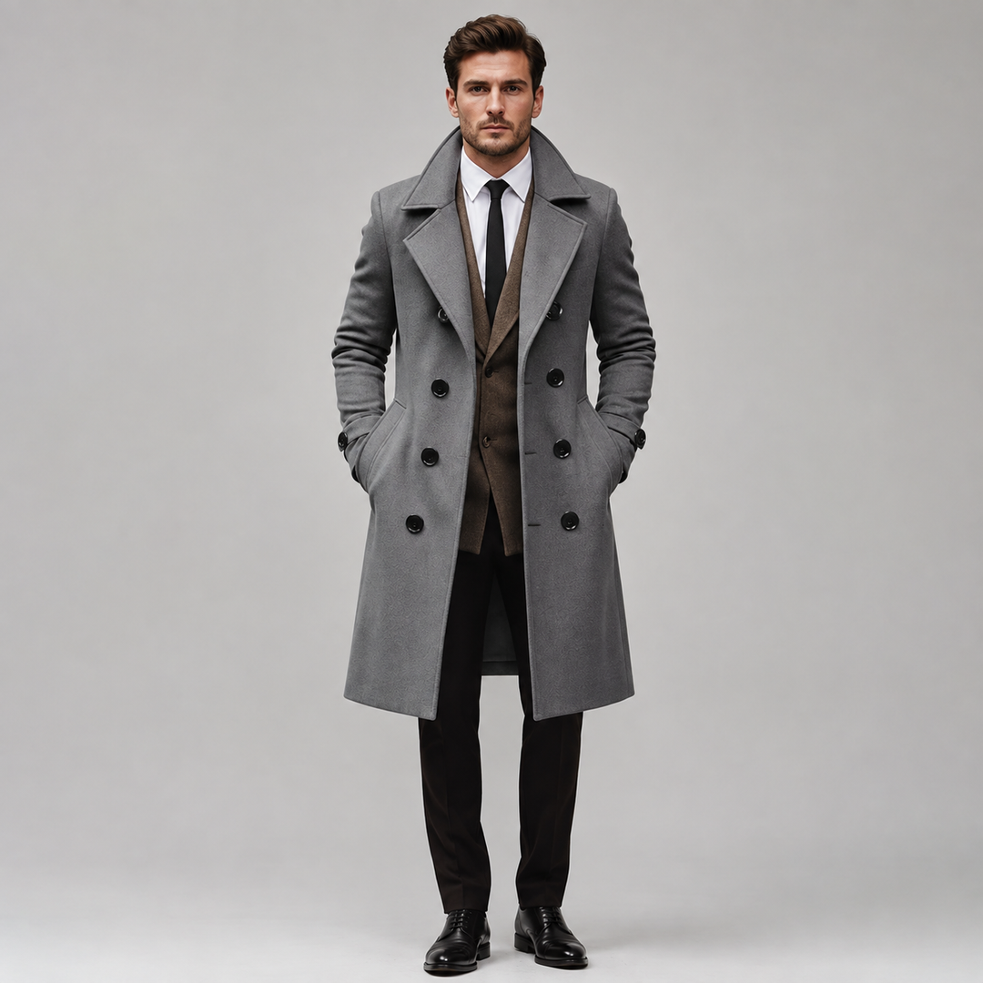 Alaric | Men's Tailored Double Breasted Long Coat with Wide Notch Lapel