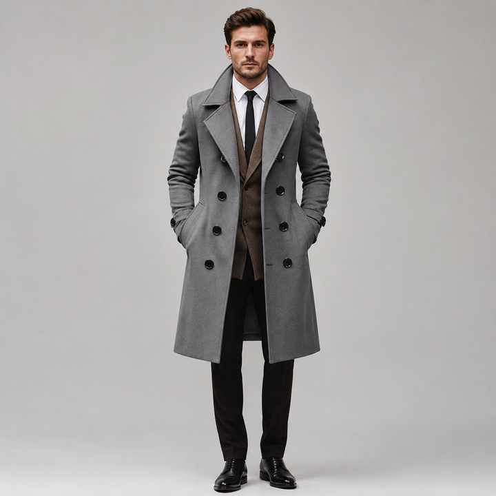 Alaric | Men's Tailored Double Breasted Long Coat with Wide Notch Lapel