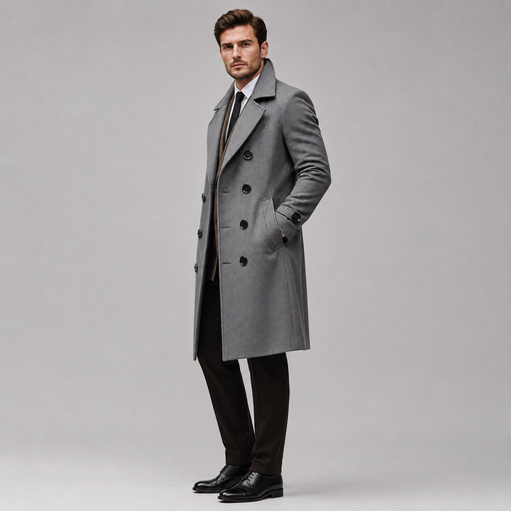 Alaric | Men's Tailored Double Breasted Long Coat with Wide Notch Lapel