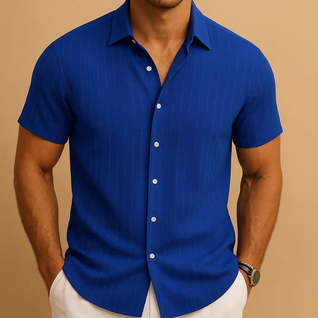 Tonal Stripe Textured Short Sleeve Shirt Men