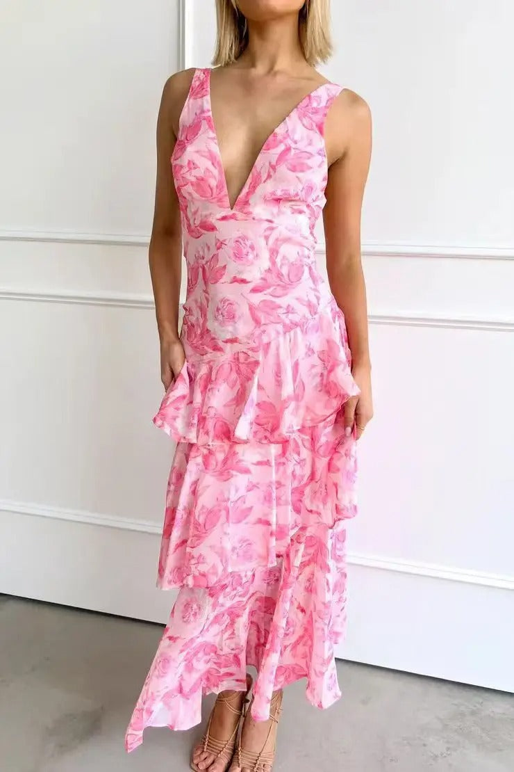Abstract Print Tiered Ruffle Maxi Dress - Wedding Guest Formal