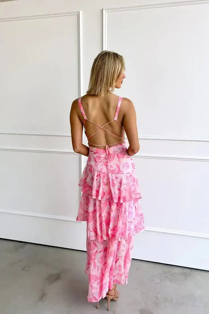 Abstract Print Tiered Ruffle Maxi Dress - Wedding Guest Formal