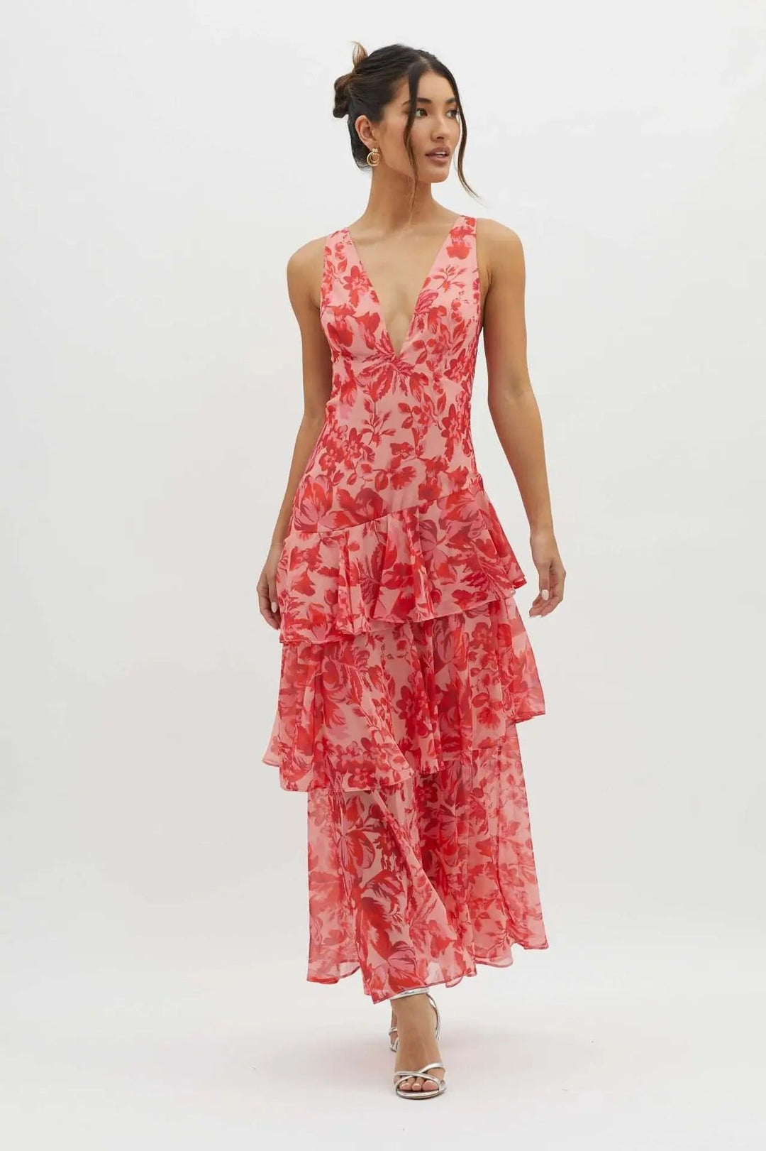 Abstract Print Tiered Ruffle Maxi Dress - Wedding Guest Formal