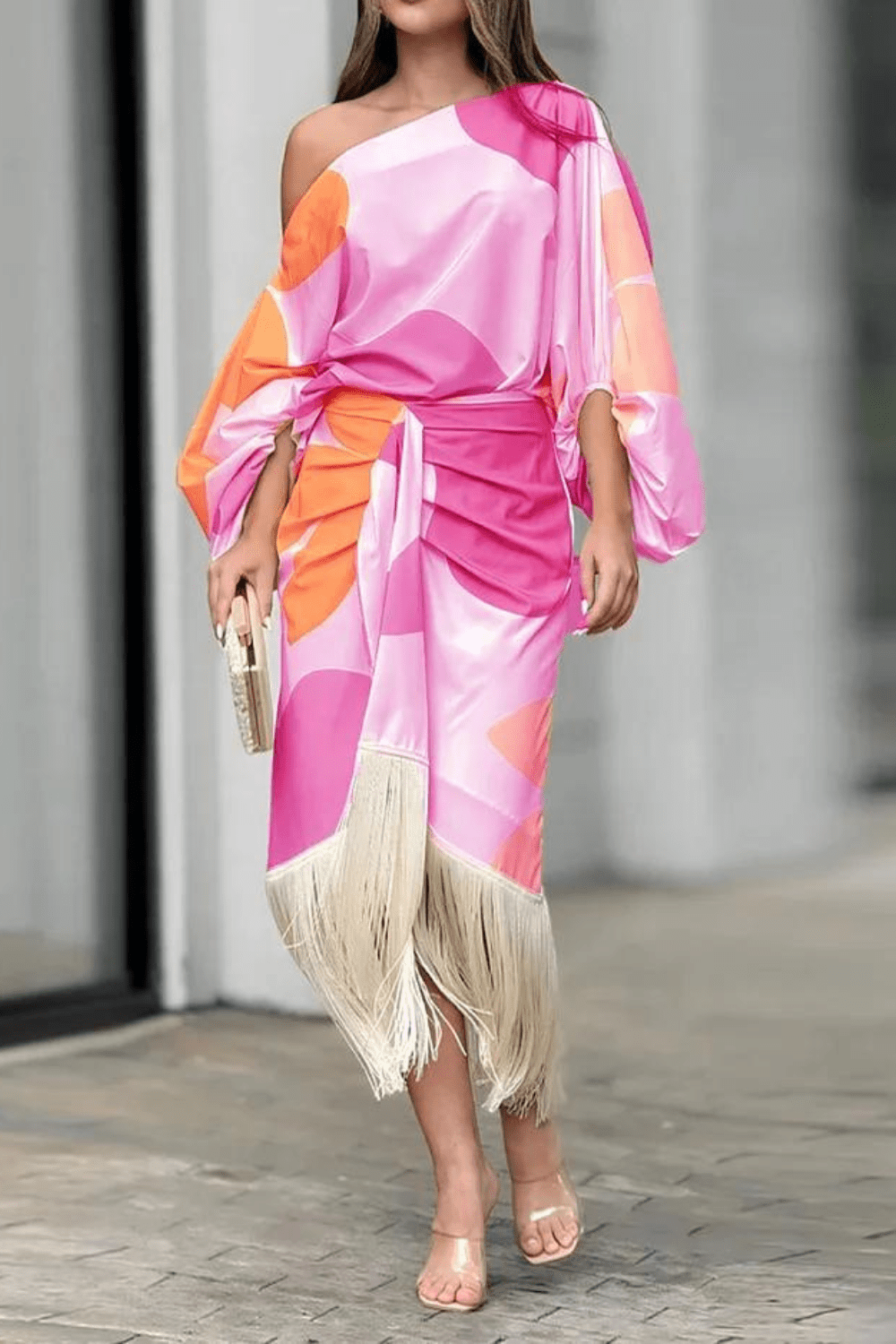 Abstract Print One Shoulder Balloon Sleeve Feather Hem Wrap Midi Dress