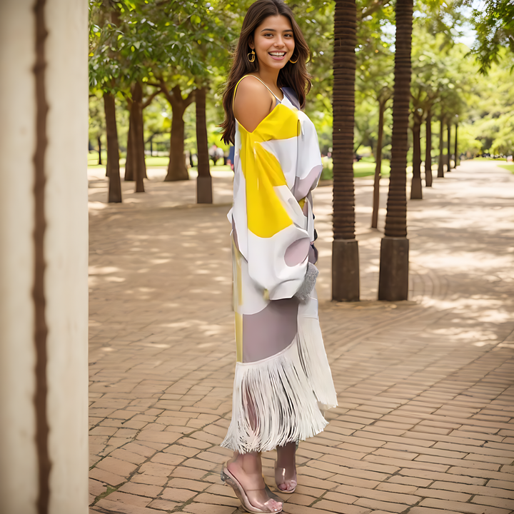 Abstract Print One Shoulder Balloon Sleeve Feather Hem Wrap Midi Dress