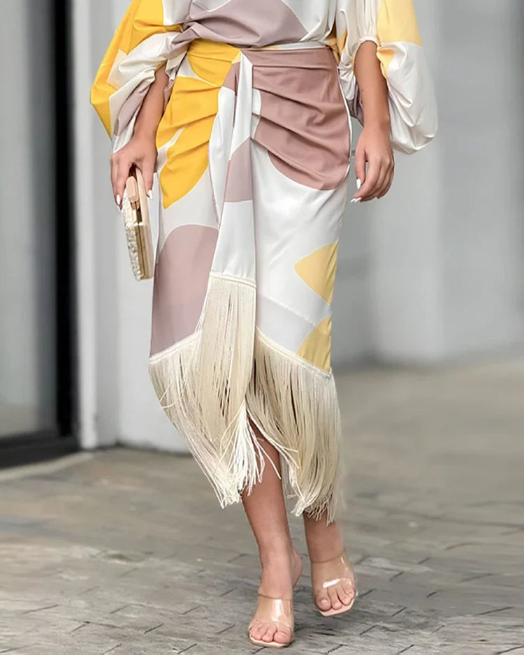 Abstract Print One Shoulder Balloon Sleeve Feather Hem Wrap Midi Dress
