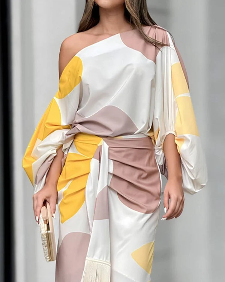Abstract Print One Shoulder Balloon Sleeve Feather Hem Wrap Midi Dress