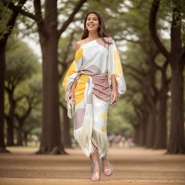 Abstract Print One Shoulder Balloon Sleeve Feather Hem Wrap Midi Dress