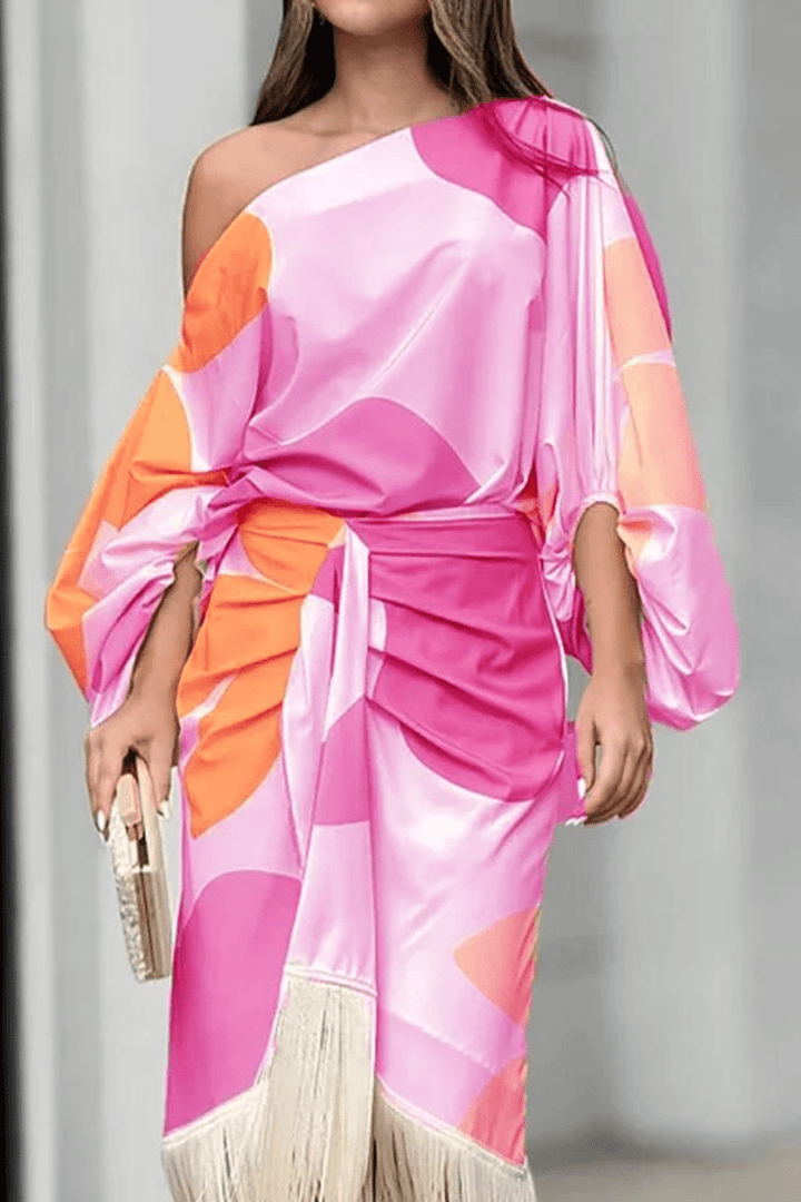 Abstract Print One Shoulder Balloon Sleeve Feather Hem Wrap Midi Dress