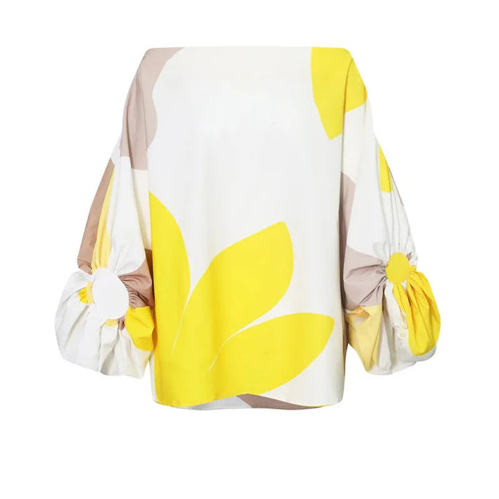 Abstract Print One Shoulder Balloon Sleeve Feather Hem Wrap Midi Dress