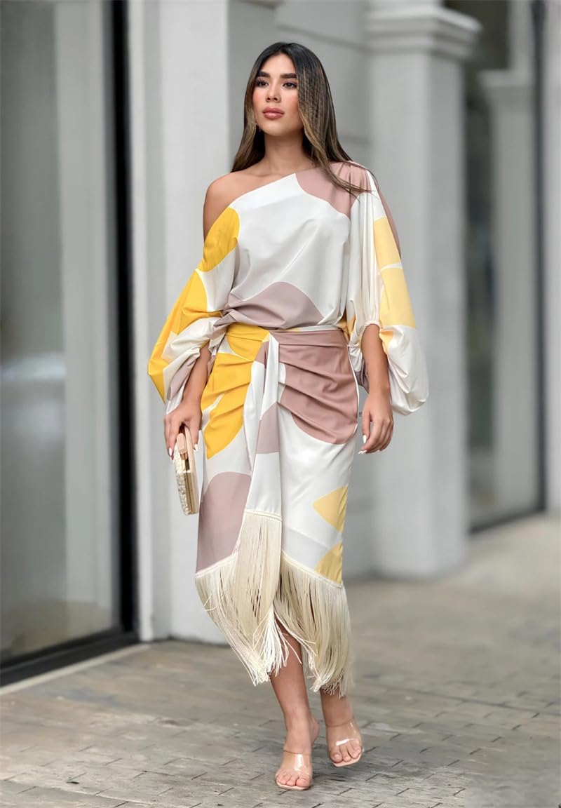 Abstract Print One Shoulder Balloon Sleeve Feather Hem Wrap Midi Dress