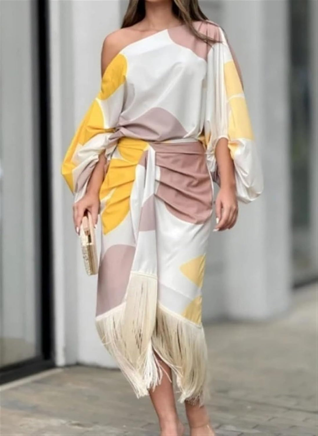 Abstract Print One Shoulder Balloon Sleeve Feather Hem Wrap Midi Dress