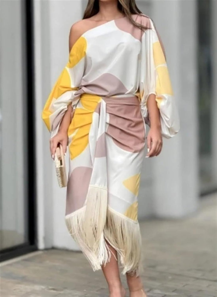 Abstract Print One Shoulder Balloon Sleeve Feather Hem Wrap Midi Dress
