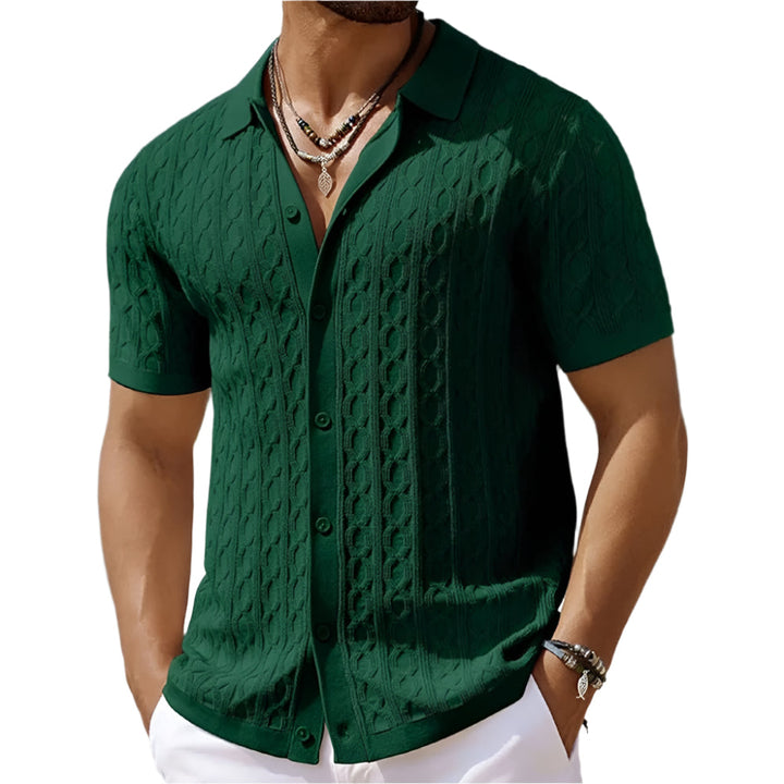 Cable Texture Button Down Short Sleeve Knit Polo Shirt