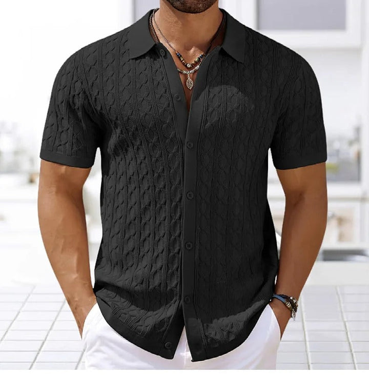 Cable Texture Button Down Short Sleeve Knit Polo Shirt