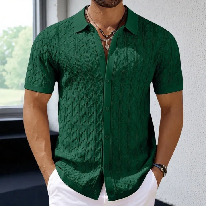 Cable Texture Button Down Short Sleeve Knit Polo Shirt