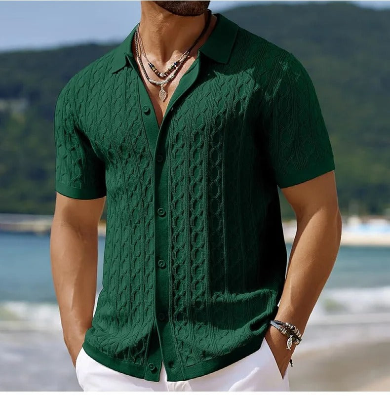 Cable Texture Button Down Short Sleeve Knit Polo Shirt