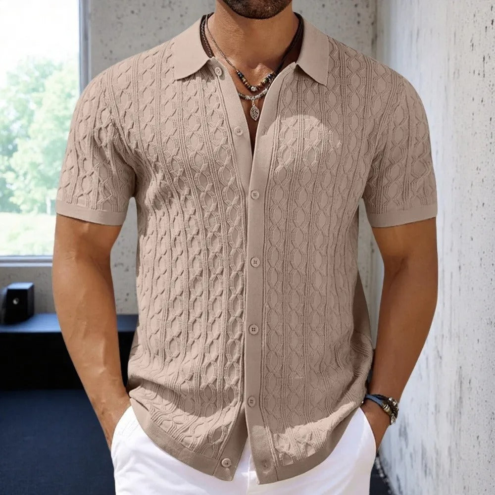 Cable Texture Button Down Short Sleeve Knit Polo Shirt