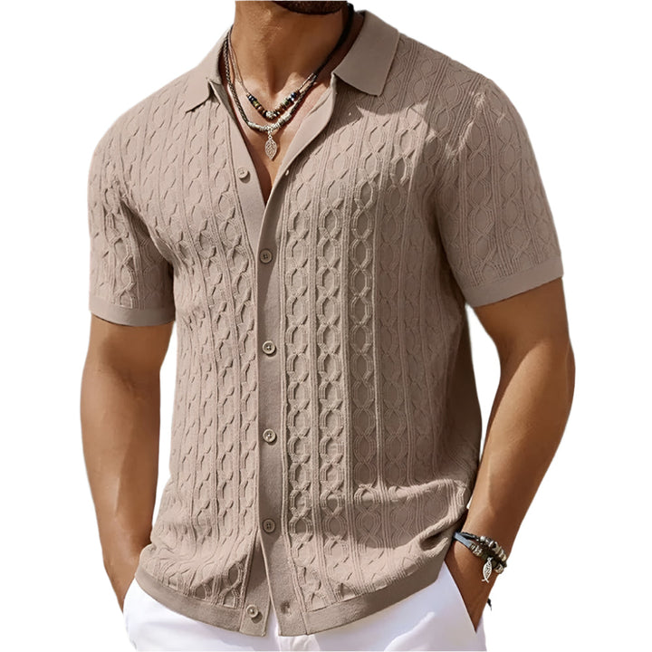 Cable Texture Button Down Short Sleeve Knit Polo Shirt