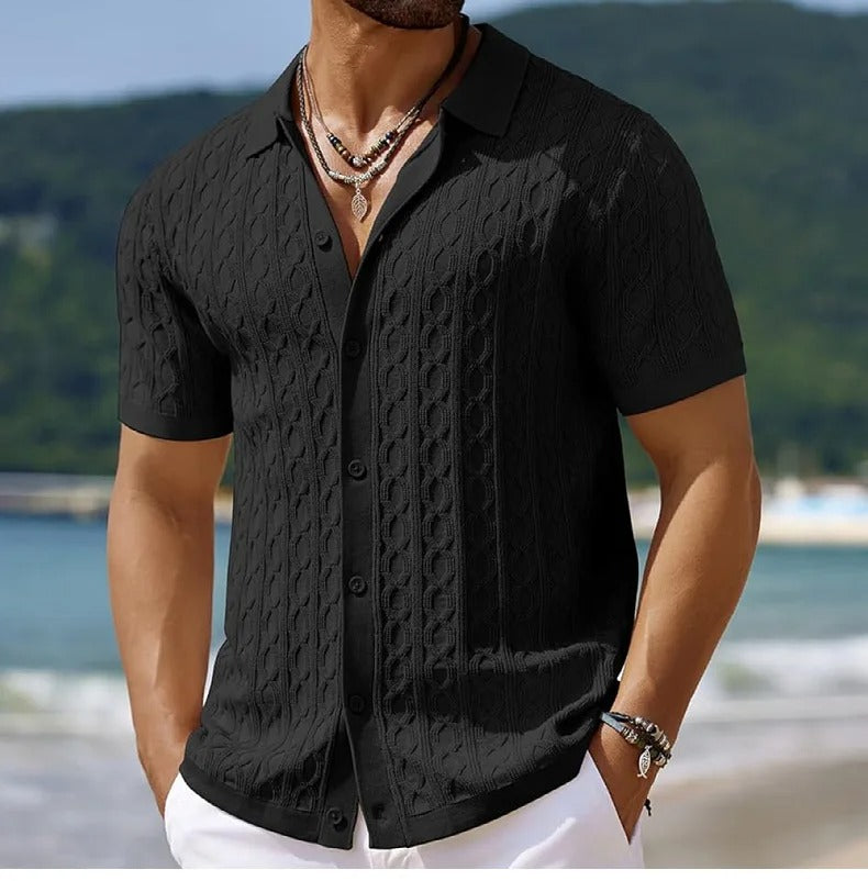 Cable Texture Button Down Short Sleeve Knit Polo Shirt