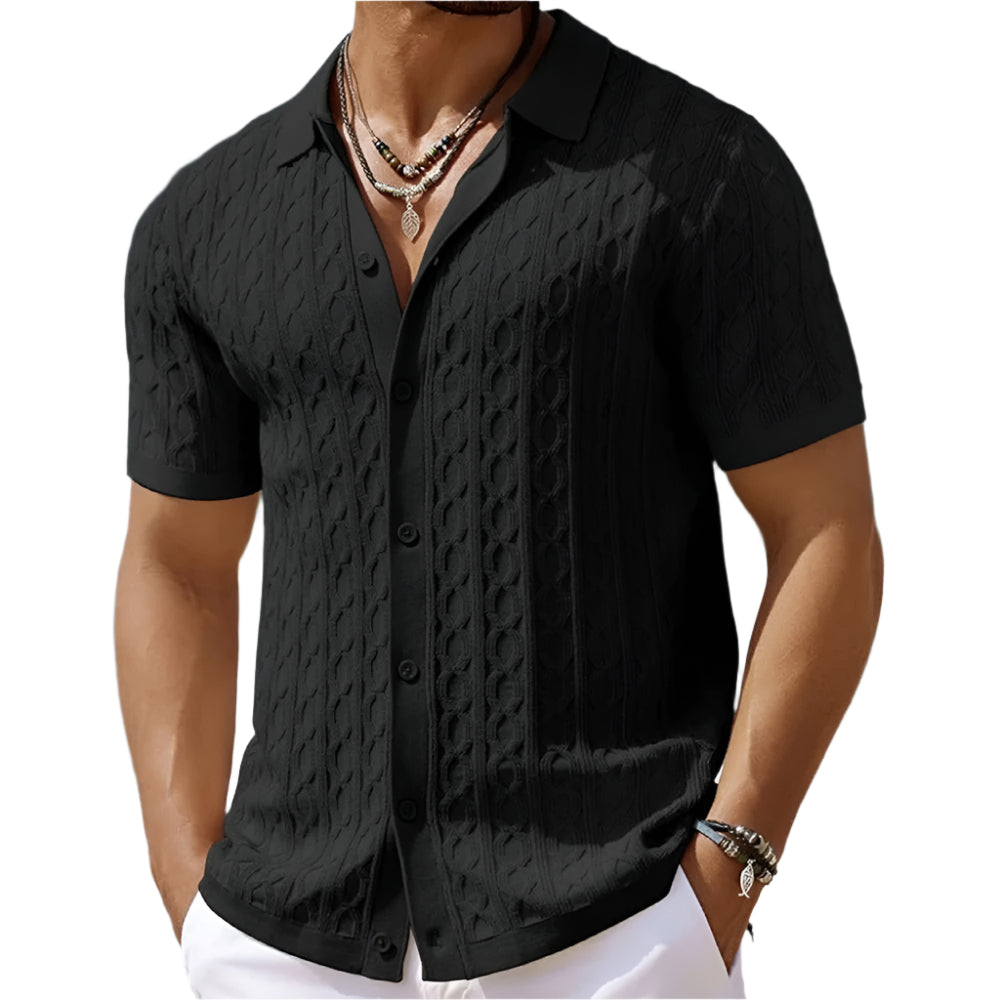 Cable Texture Button Down Short Sleeve Knit Polo Shirt