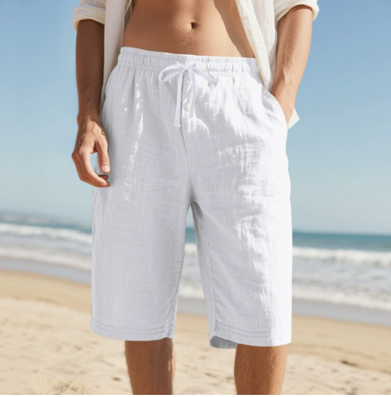 Elasticated Drawstring Waist Relaxed Fit Linen Mens Casual Shorts