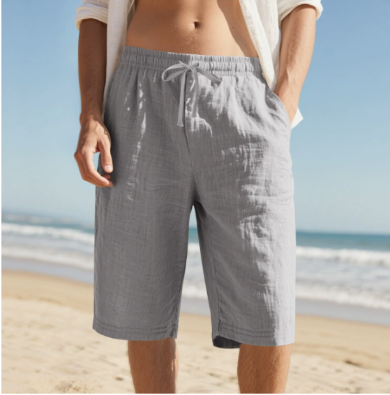 Elasticated Drawstring Waist Relaxed Fit Linen Mens Casual Shorts