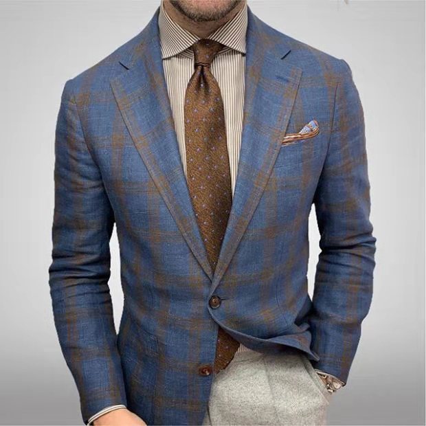 Mens Plaid Check Notch Lapel Single Button Slim Fit Blazer