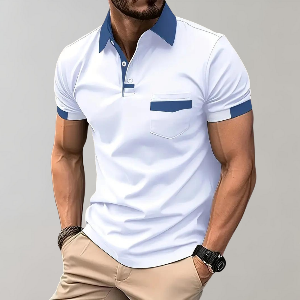 Contrast Collar Cuff Chest Pocket Short Sleeve Mens Polo Shirt