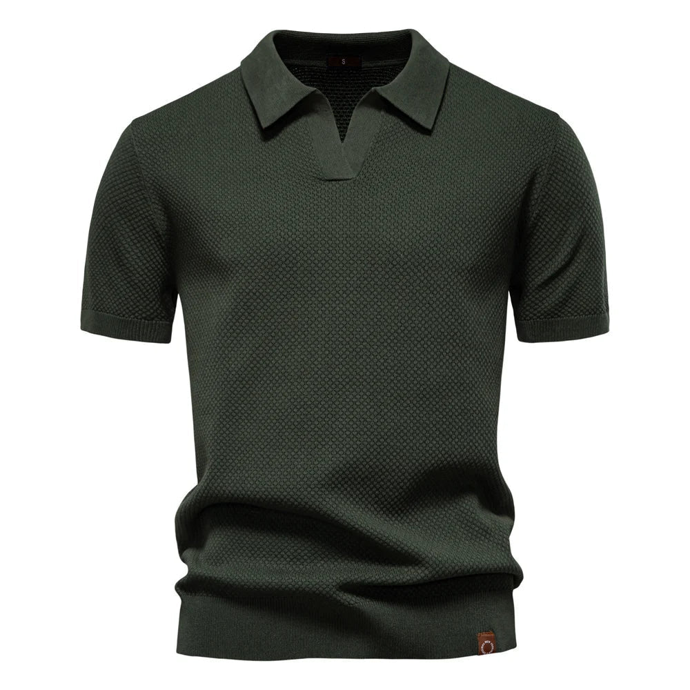 Textured Knit Open Collar Polo Shirt Men
