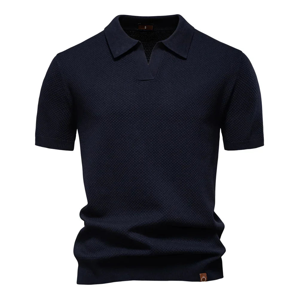 Textured Knit Open Collar Polo Shirt Men
