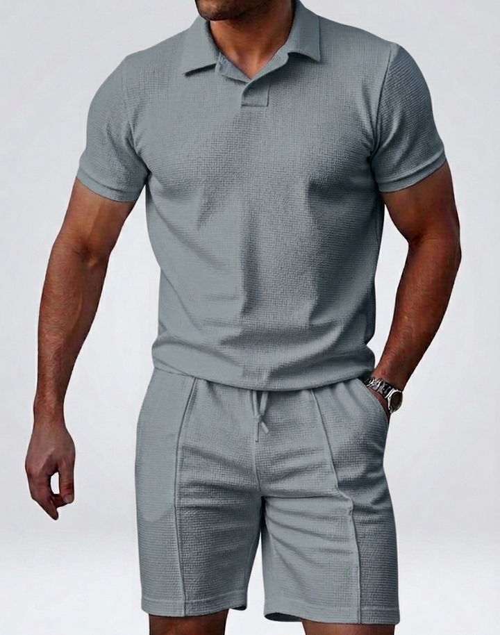 Waffle Knit Polo Shirt and Drawstring Shorts Matching Set